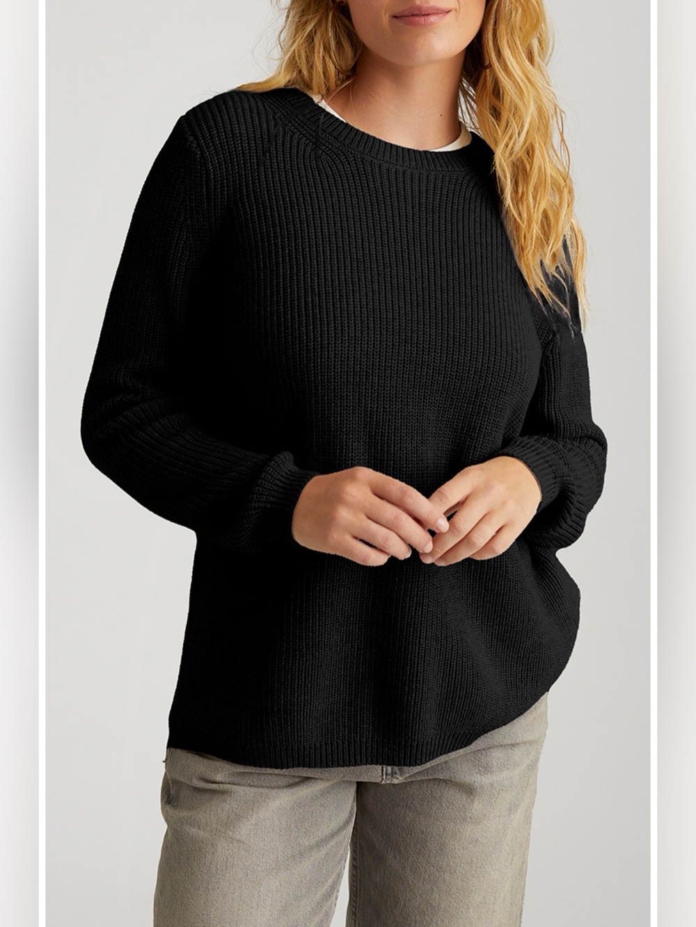 525 America Emma High-Low Shaker Stitch Cotton Sweater Black Small